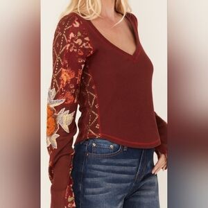 Free People Women's Amara Embroidery-Trimmed Long Sleeve Top Size Small